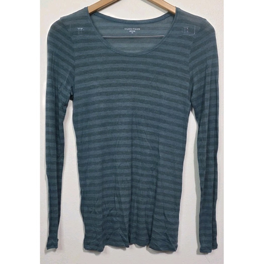 Eileen Fisher Stripe Teal Micro Modal Burnout Pullover XS Thin Lightweight NEW